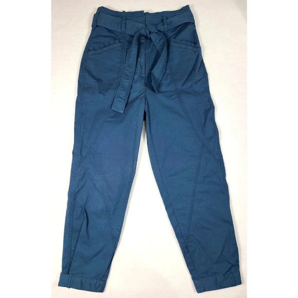 Anthropologie Pants Women's Size 4 Blue Belted Snap Ankle Pockets Tapered Leg - Picture 1 of 9